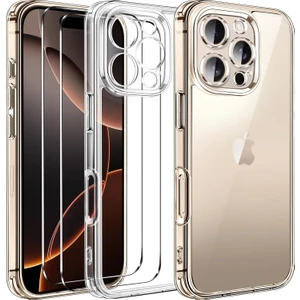 M.TK Moveteck iPhone 16 Pro Max Kılıf Kamera Çıkıntılı Yumuşak Şeffaf Silikon + 9h Ekran Koruyucu Cam Set 2in1