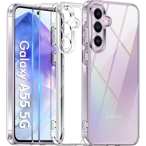 M.TK Moveteck Samsung Galaxy A55 Kılıf Kamera Çıkıntılı Korumalı Yumuşak Şeffaf Silikon + 9h Ekran Koruyucu Cam Set 2in1