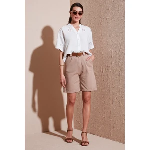Pamuklu Relaxed Fit Yüksel Bel Kemerli Gabardin Short Bayan Şort 668YP4710
