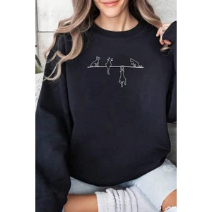Uygun Tarz Yaramaz Kedi Baskılı Oversize Sweatshirt