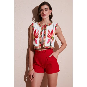 Pamuklu Regular Fit Çiçekli Nakış Işlemeli Crop Yelek Bayan Yelek 676291