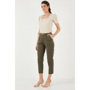 Streç Pamuklu Regular Fit Yüksek Bel Düz Kısa Paça Kemerli Pantolon Bayan Pantolon 668yp5335