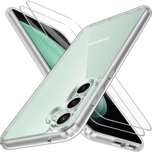 M.TK Moveteck Samsung Galaxy S23 Fe Kılıf Kamera Çıkıntılı Korumalı Yumuşak Şeffaf Silikon + 9h Ekran Koruyucu Cam Set 2in1