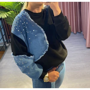 Füme Style Kadın Taş ve Kot Detaylı Siyah Sweatshirt
