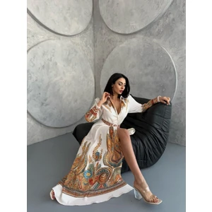 Atlas Kumaş Çiçek Desenli Gömlek Yaka Düğme Detaylı Beyaz Elbise (Kemer DAHİLDİR)-2501