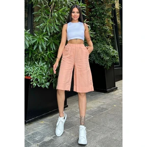 New Laviva Kadın Pudra Beli Lastikli Yanı Düğmeli Kendinden Dokulu Cepli Bermuda Şort