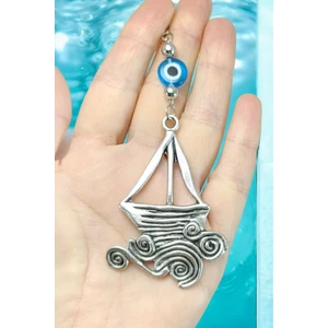 Metal Yelkenli Araba Dikiz Ayna Süsü, El Yapımı Cam Turkuaz Nazar Boncuğu Yeni Araba Hediyesi