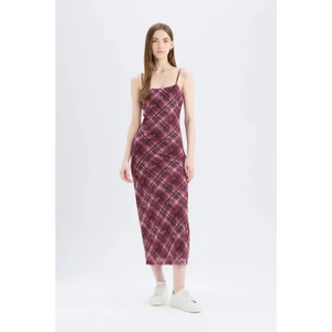 Bodycon Vücudu Saran Kareli Tül Askılı Maxi Elbise D5034AX25SP