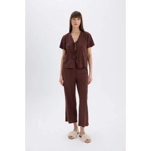 Pijama Takımı Keten Kısa Kollu Pijama Üstü Esnek Belli Pijama Altı-Fall in Love E3571AX25SP