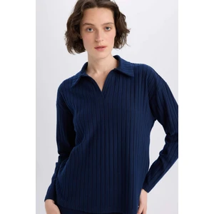 Relax Fit Polo Yaka Basic Düz Fitilli Kaşkorse Uzun Kollu Tişört B2404AX25SP