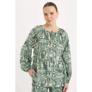 Regular Fit Büzgülü Yaka Desenli Uzun Kollu Bluz E6860AX25SP