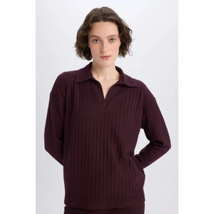Relax Fit Polo Yaka Basic Düz Fitilli Kaşkorse Uzun Kollu Tişört B2404AX25SP