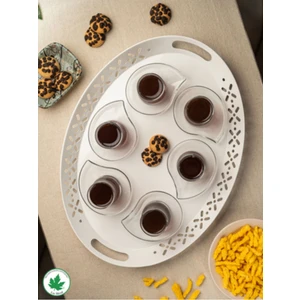 Lalin Tepsi Metal Oval Servis Tepsisi Beyaz, Romantik Tepsi, Büyük Tepsi,çay Kahve Tepsisi