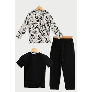 For You Kids 3'lü Ara Biyeli Tshirt Pantolon Siyah Pijama Takımı