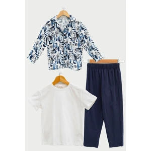 For You Kids 3'lü Ara Biyeli Tshirt Pantolon Ekru Pijama Takımı