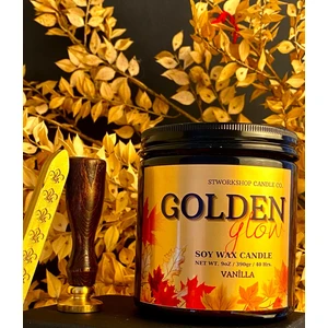Golden Glow: Dekoratif Vanilya Kokulu Ahşap Fitilli Doğal Soya Wa x  Mum Amber Cam Kavanoz