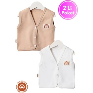 Unisex Bebek Arma Detaylı Organik Pamuklu 3-6-9 Ay 2li Penye Bebek Yelek Set