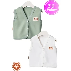 Unisex Bebek Arma Detaylı Organik Pamuklu 3-6-9 Ay 2li Penye Bebek Yelek Set