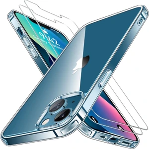 M.TK Moveteck iPhone 14 Kılıf Kamera Çıkıntılı Korumalı Yumuşak Şeffaf Silikon + 9h Ekran Koruyucu Cam Set 2in1