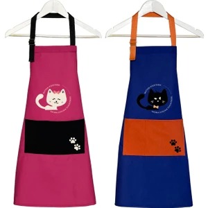 Kumaş Mutfak Önlüğü Seti 2'li Leke Tutmaz Su Itici %65 Pamuk %35 Polyester Siyah Kedi - Beyaz Kedi Önlük