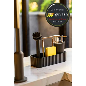 Nova Oval Hazneli Siyah Lüx Fırçalı Mutfak Seti & Sıvı Sabunluk Mutfak Banyo Süngerlik & Sabunluk