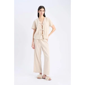 Pijama Takımı Keten Kısa Kollu Üst Esnek Belli Alt-Fall in Love E3571AX25SP