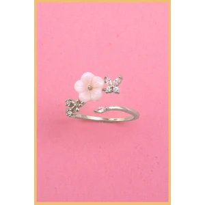 Kadın Gümüş Kaplama Sedef Çiçek Motifli Ayarlanabilir Çelik Yüzük (Exclusive)