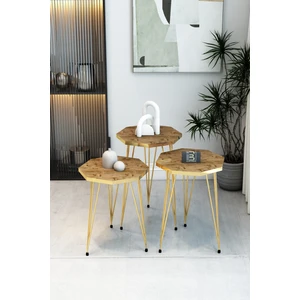 3'lü Sekizgen Zigon Sehpa Seti - Gold Metal Ayaklı, Modern & Şık Yan Sehpa, Dayanıklı Salon Ofis