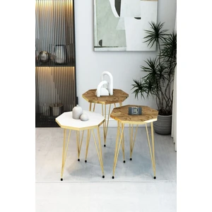 3'lü Sekizgen Zigon Sehpa Seti - Gold Metal Ayaklı, Modern & Şık Yan Sehpa, Dayanıklı Salon Ofis
