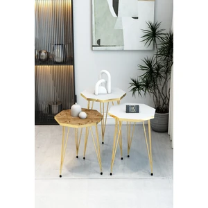 3'lü Sekizgen Zigon Sehpa Seti - Gold Metal Ayaklı, Modern & Şık Yan Sehpa, Dayanıklı Salon Ofis