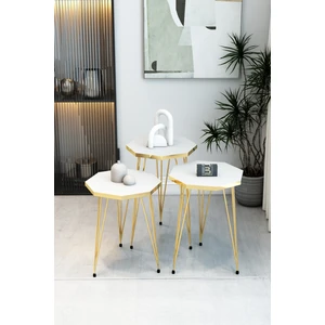 3'lü Sekizgen Zigon Sehpa Seti - Gold Metal Ayaklı, Modern & Şık Yan Sehpa, Dayanıklı Salon Ofis