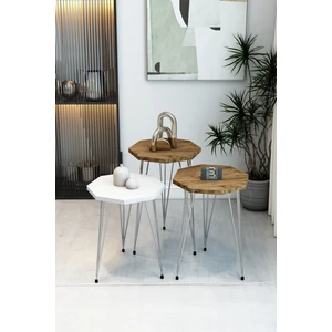 3'lü Sekizgen Zigon Sehpa Seti - Gümüş Metal Ayaklı, Modern & Şık Yan Sehpa, Dayanıklı Salon Ofis