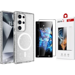 Galaxy S25 Ultra Kılıf Magsafe Şarj Özellikli Parlayan Simli Saydam Renkli Zore Allstar Kapak + Zore Dias Cam Ekran Koruyucu