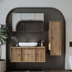 Oval Lavabolu Mat Mdf 105 cm Çekmeceli Banyo Dolabı + Aynalı Üst Dolabı + Boy Dolabı
