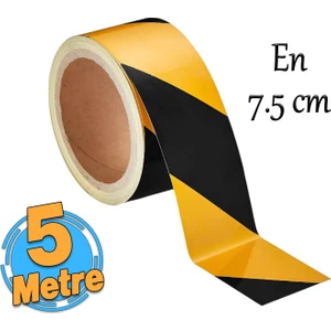 Yapışkanlı Sarı Siyah 5 mt İşaretli Yönlendirme Reflektörlü Reflektif Şerit Bant 7.5 cm İkaz Bandı