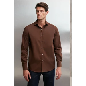Carlsten Erkek Slim Fit Italyan Yaka %100 Pamuk Poplin Acı Kahve Gömlek