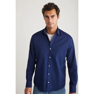 Carlsten Erkek Slim Fit Italyan Yaka %100 Pamuk Poplin Lacivert Gömlek