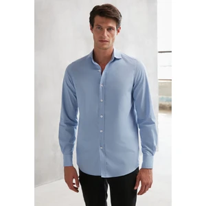 Carlsten Erkek Slim Fit Italyan Yaka %100 Pamuk Poplin Mavi Gömlek