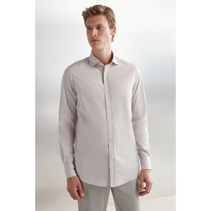 Carlsten Erkek Slim Fit Italyan Yaka %100 Pamuk Poplin Açık Gri Gömlek