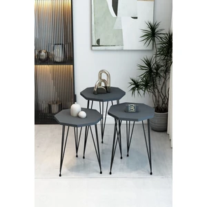 3'lü Sekizgen Zigon Sehpa Seti - Siyah Metal Ayaklı, Modern & Şık Yan Sehpa, Dayanıklı Salon Ofis