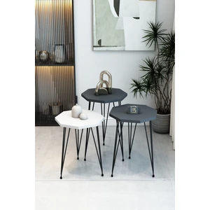 3'lü Sekizgen Zigon Sehpa Seti - Siyah Metal Ayaklı, Modern & Şık Yan Sehpa, Dayanıklı Salon Ofis