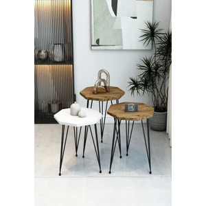 3'lü Sekizgen Zigon Sehpa Seti - Siyah Metal Ayaklı, Modern & Şık Yan Sehpa, Dayanıklı Salon Ofis