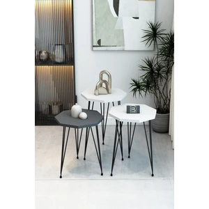 3'lü Sekizgen Zigon Sehpa Seti - Siyah Metal Ayaklı, Modern & Şık Yan Sehpa, Dayanıklı Salon Ofis