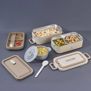 Bento Dikdörtgen 2 Katlı Lunch Box Yemek Termosu Bej 2000 ml