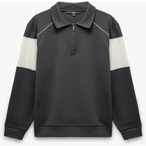 Pamuklu Renk Bloklu Uzun Kollu Yarım Fermuarlı Sweatshirt