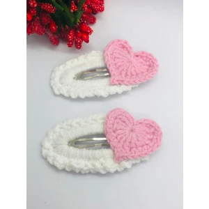 Kırmızı Kalpli Örgü Çıtçıtlı Saç Tokası El Yapımı (2'li) 5cm