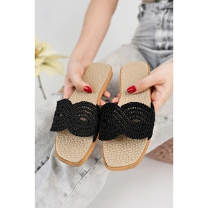 Moda Fırsat Kadın Günlük Terlik Siyah Örgü Dantel Triko Hasır Örme Şık Yazlık Ev Plaj Tatil Sokak Terliği