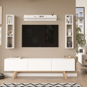 Robin Home Marlon Tv Ünitesi Raflı 3 Kapaklı 180 cm  Ahşap Ayaklı Beyaz