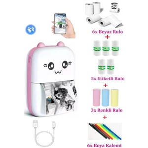 JW Jack Wayne Taşınabilir Mini Cep Yazıcı - Termal Yazıcı Printer - 6 Kağıt + 5 Rulo Çıkartma + 3 Renkli Kağıt + 6 Sulu Boya Kalemi (Pembe)