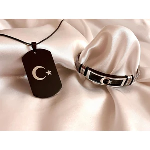 Gns Aksesuar Ay Yıldız Türk Bayrağı Figürlü Çelik Kolye&Bileklik Set